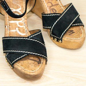 Sam Edelman - Black Heeled Wedge Wood Sandals